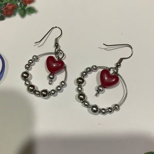 Dangling Silver Hoop Bead Heart Earrings